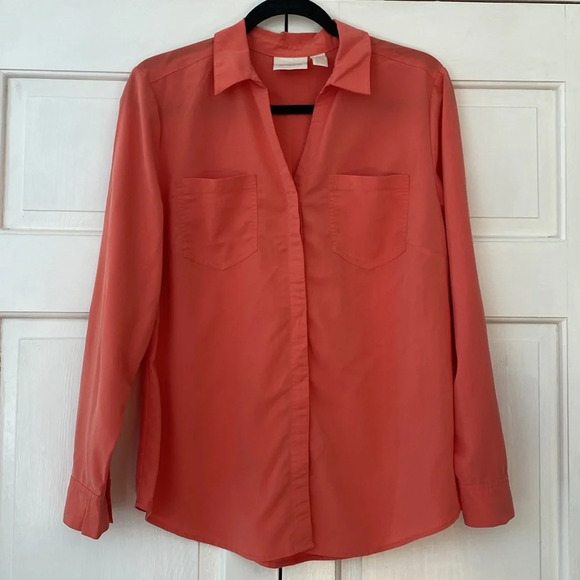 Chico’s Size 1 Solid Hidden Button Down Utility Blouse Coral Modal Chicos Medium - Picture 1 of 8